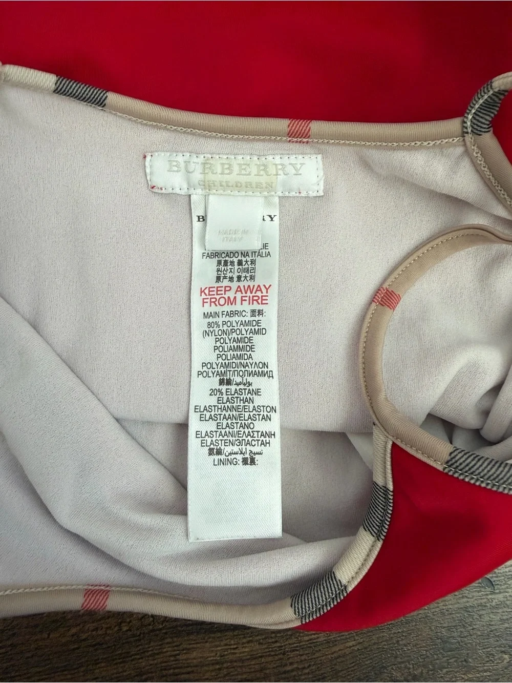 Burberry Kids Girls One Piece Swimsuit Red Check Trim Size 5Y